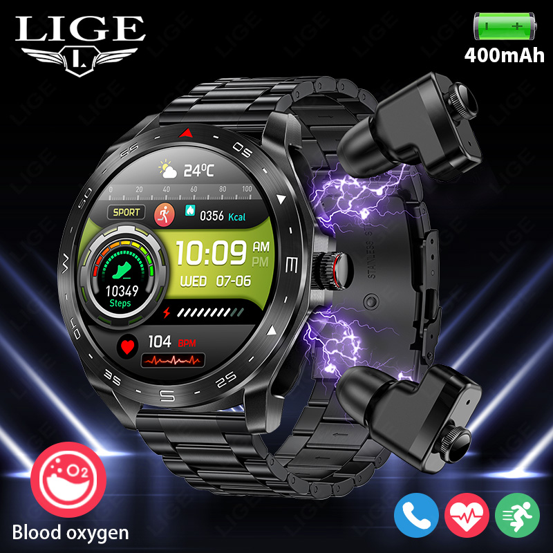 Smartwatch Headset - LIGEスマートウォッチ、イヤホン付きBluetoothヘッドセットスピーカー、トラッカー、音楽、スポーツ、健康トラッキング、防水、AMOLEDスクリーン、メンズスマートウォッチ