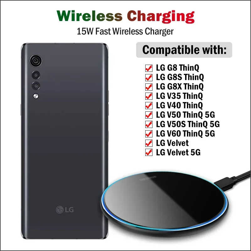 Wireless Charger Watch - Lgベルベットクイックワイヤレス充電器,5g,電話,ワイヤレス充電パッド,アクリル呼吸灯,v35,v40,v50,v50,v50 s,v60,thinq,15w