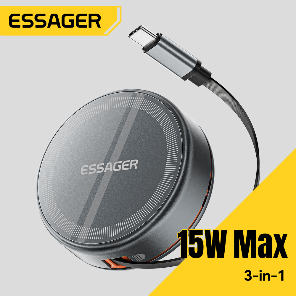 Wireless Charger Watch - Essager 15W 3in1 マグネット式ワイヤレス充電器、96cm格納式Type-Cケーブル付き、iPhone 16/15/14/13 Pro