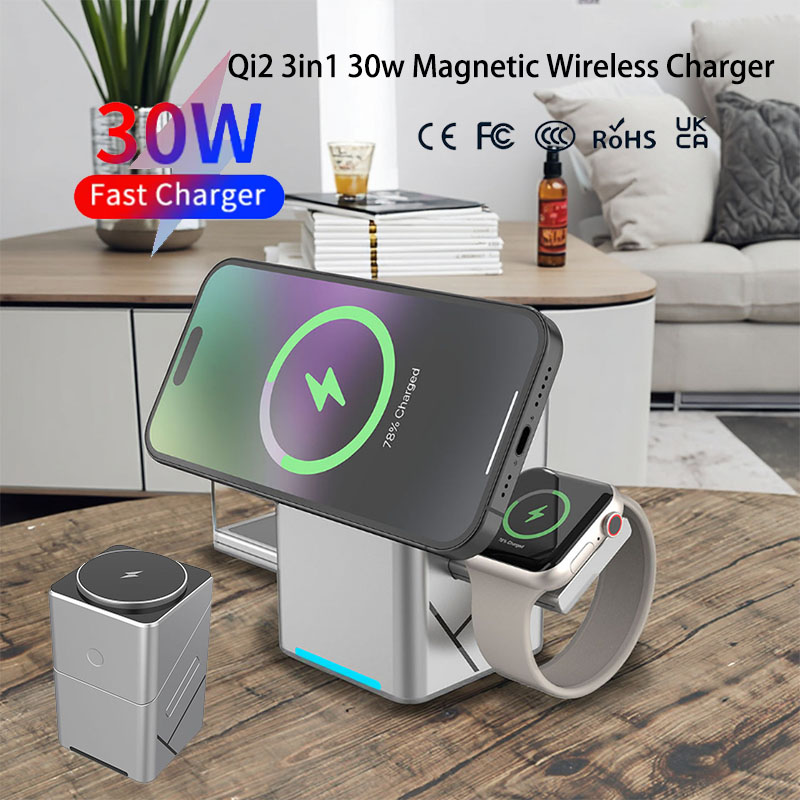 Wireless Charger Watch - 15Wタッチ回転式磁気多機能3in1ワイヤレス充電器 iPhone 16/15/14/13 Max対応 急速充電 Samsung/Xiaomi対応