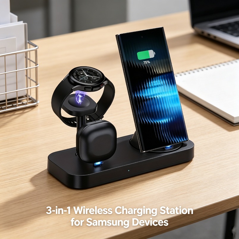 Wireless Charger Watch - 3 in 1 ワイヤレス充電器 デュアルコイル急速充電スタンド 滑り止め安全充電器