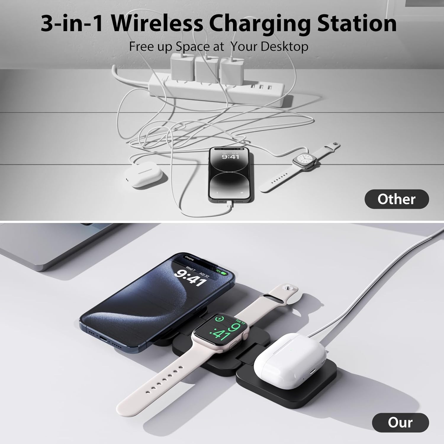 折りたたみ式3in1急速ワイヤレス充電器、iPhone 16 - Wireless Charger Watch のレビューと価格