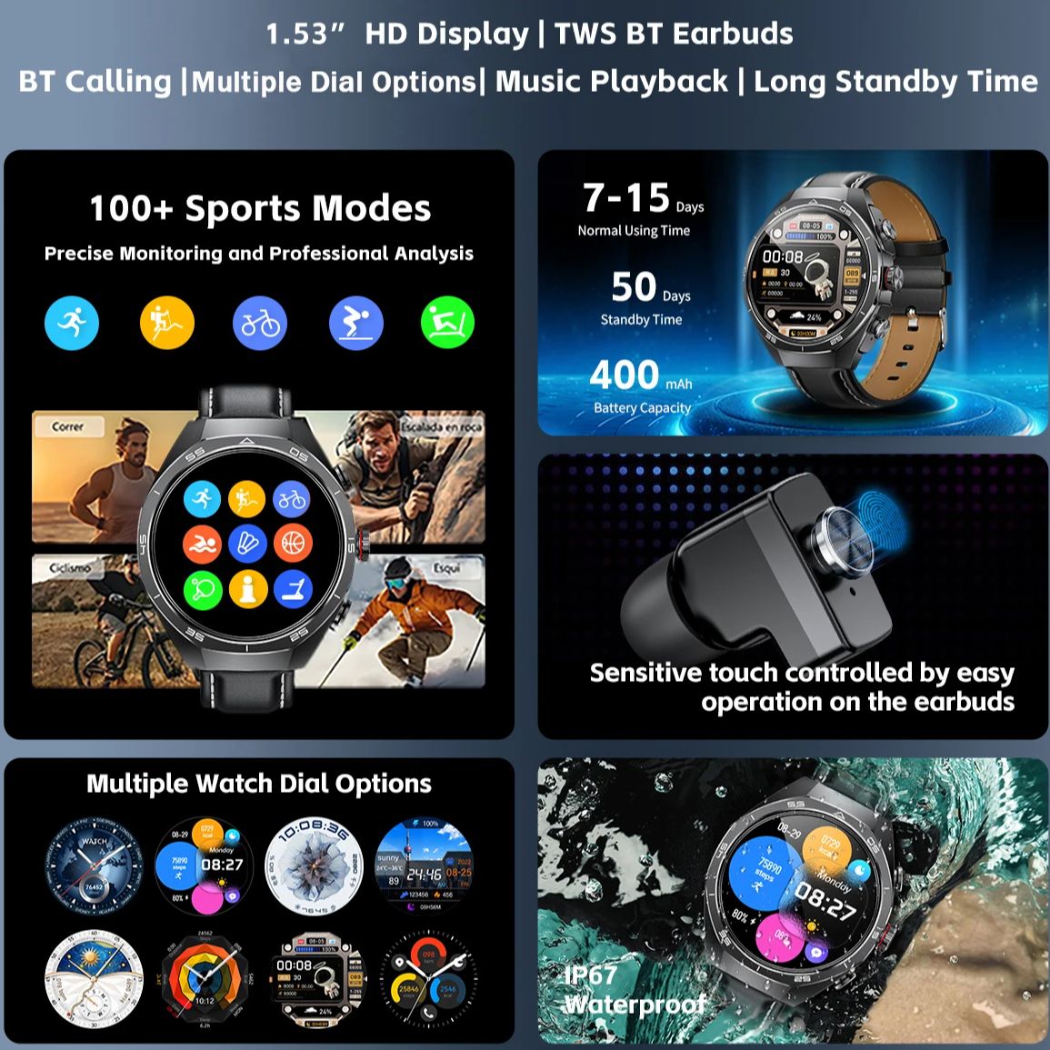 NFCヘッドセットスマートウォッチ2in1 TWSワイヤレス - Smartwatch Headset のレビューと価格