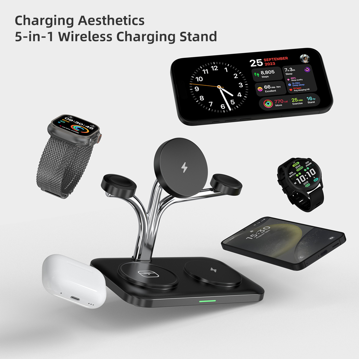 5 in 1 磁気ワイヤレス充電器、デュアルフォンとウォッチ - Wireless Charger Watch のレビューと価格